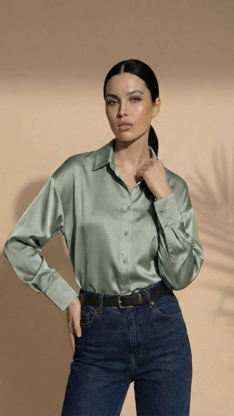 شومیز ساتن سیلک مجلسی کد 30220 رنگ سبز یشمی